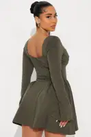 Elegant Ponte Mini Dress with Square Neck & Bell Sleeves – Olive & Mocha(Olive,XS)