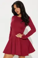 Elegant Pleated Mini Dress with High Neckline & Long Sleeves – Stretchy Rayon Blend(Wine,XS)