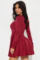 Elegant Pleated Mini Dress with High Neckline & Long Sleeves – Stretchy Rayon Blend(Wine,XS)