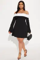 Elegant Off-Shoulder Mini Dress with Bell Sleeves & Contrast Trim - Black/White(Black/White,XS)