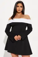 Elegant Off-Shoulder Mini Dress with Bell Sleeves & Contrast Trim - Black/White(Black/White,XS)