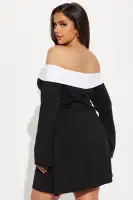 Elegant Off-Shoulder Mini Dress with Bell Sleeves & Contrast Trim - Black/White(Black/White,XS)