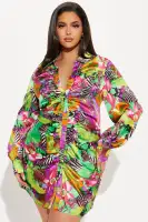 Elegant Green Satin Shirt Mini Dress with Long Sleeves & Button-Up Collar(Green/combo,XS)