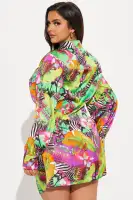 Elegant Green Satin Shirt Mini Dress with Long Sleeves & Button-Up Collar(Green/combo,XS)