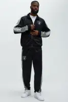 Ribbed Neckline Contrast Trim Front Snap Closure Las Vegas Raiders Embroidered Chenille Patchwork Long Sleeve Ribbed Cuff Hem Jacket(Black,S)