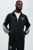 Ribbed Neckline Contrast Trim Front Snap Closure Las Vegas Raiders Embroidered Chenille Patchwork Long Sleeve Ribbed Cuff Hem Jacket