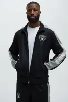 Ribbed Neckline Contrast Trim Front Snap Closure Las Vegas Raiders Embroidered Chenille Patchwork Long Sleeve Ribbed Cuff Hem Jacket(Black,S)