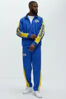 Ribbed Neckline Contrast Trim Full Snap Closure Los Angeles Rams Patches Embroidered Chenille Detail Long Sleeve Jacket(Royal,S)