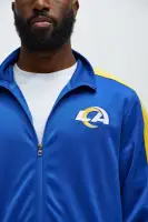 Ribbed Neckline Contrast Trim Full Snap Closure Los Angeles Rams Patches Embroidered Chenille Detail Long Sleeve Jacket(Royal,S)