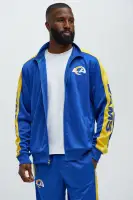 Ribbed Neckline Contrast Trim Full Snap Closure Los Angeles Rams Patches Embroidered Chenille Detail Long Sleeve Jacket(Royal,S)