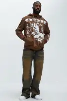 Brown Printed Long Sleeve Polyester Hoodie(Brown,S)