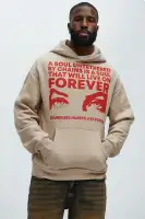 80% Cotton 20% Polyester Tan Crew-Neck Long Sleeve Hoodie Kangaroo Pockets Wide Fit Unique Design Print Variations