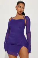 Elegant Purple Mesh Mini Dress with Square Neckline & Adjustable Straps