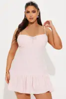 Chic Pink Tweed Mini Dress with V-Neck, Adjustable Straps & Ruffled Hem – Elegant Drop Waist Design(Pink,XS)