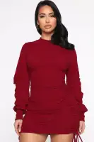 Elegant Burgundy Mock Neck Top with Ruched Sides & Pleated Sleeves – Stretchy Polyester-Spandex Blend