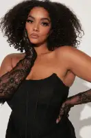 Sexy Corset Mini Dress Set with Detachable Gloves - Asymmetrical Hem & Boning Waist(Black,XS)