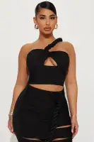 Elegant One-Shoulder Maxi Dress with Twist Detail & Ruffle Hem – Black & Cream(Black,XS)