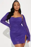 Elegant Purple Mesh Mini Dress with Square Neckline & Adjustable Straps(Purple,XS)