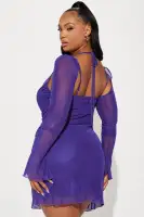 Elegant Purple Mesh Mini Dress with Square Neckline & Adjustable Straps(Purple,XS)