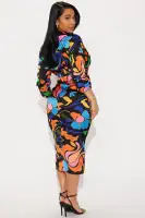Elegant Black Midi Dress with Collar Neckline & Tie Front – 3/4 Sleeve Button-Down Style(Black/combo,XS)