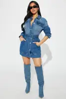 Vintage Wash Denim Mini Dress with Collar, Long Sleeves & Belt – 98% Cotton Stretch Fit(MEDIUM Wash,XS)