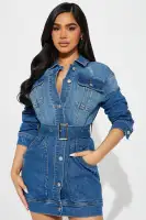 Vintage Wash Denim Mini Dress with Collar, Long Sleeves & Belt – 98% Cotton Stretch Fit