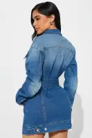 Vintage Wash Denim Mini Dress with Collar, Long Sleeves & Belt – 98% Cotton Stretch Fit(MEDIUM Wash,XS)