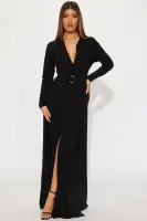 Elegant Maxi Dress with Belted Waist - Button Front, Long Sleeves & Collar Neckline (Eggplant/Black, Stretch Polyester-Spandex Blend)(Black,XS)