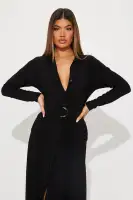 Elegant Maxi Dress with Belted Waist - Button Front, Long Sleeves & Collar Neckline (Eggplant/Black, Stretch Polyester-Spandex Blend)(Black,XS)