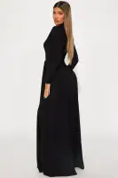 Elegant Maxi Dress with Belted Waist - Button Front, Long Sleeves & Collar Neckline (Eggplant/Black, Stretch Polyester-Spandex Blend)(Black,XS)