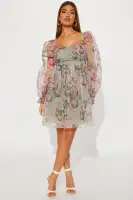 Elegant Sage Floral Chiffon Mini Dress with Balloon Sleeves & Square Neckline