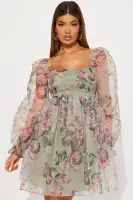 Elegant Sage Floral Chiffon Mini Dress with Balloon Sleeves & Square Neckline(Sage/combo,XS)