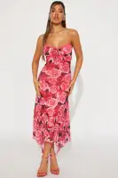 Elegant Mesh Midi Dress with Spaghetti Straps & Lace Trim - Asymmetrical Hem, Ruched Bust (Red/Combo)