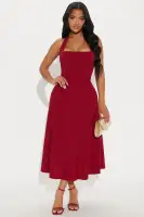 Elegant Halter Midi Dress with Square Neckline – Black & Wine – Stretchy Polyester-Spandex Blend
