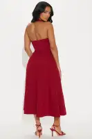Elegant Halter Midi Dress with Square Neckline – Black & Wine – Stretchy Polyester-Spandex Blend(Wine,XS)