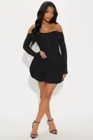 Elegant Off-Shoulder Ruched Bubble Mini Dress - Black & Wine Long Sleeve Stretch Rayon(Black,XS)