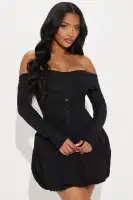 Elegant Off-Shoulder Ruched Bubble Mini Dress - Black & Wine Long Sleeve Stretch Rayon