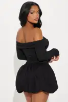 Elegant Off-Shoulder Ruched Bubble Mini Dress - Black & Wine Long Sleeve Stretch Rayon(Black,XS)