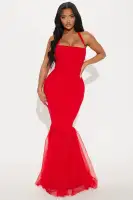 Elegant Red Mermaid Gown with Halter Neckline & Hidden Zipper – Stretch Shell & Lining