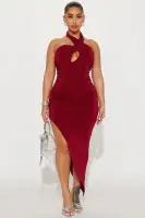Elegant Red Maxi Dress with Halter Mock Neckline & High Side Slit – Stretchy Polyester Blend
