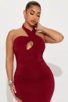 Elegant Red Maxi Dress with Halter Mock Neckline & High Side Slit – Stretchy Polyester Blend(Red,XS)