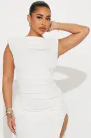 Elegant Mock Neck Maxi Dress with Shoulder Pads & High Slit – White & Chocolate(White,XS)