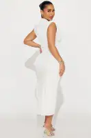 Elegant Mock Neck Maxi Dress with Shoulder Pads & High Slit – White & Chocolate(White,XS)