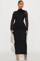 Elegant Black Mesh Maxi Dress with Rhinestone Embellishments & Sheer Long Sleeves