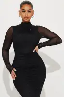 Elegant Black Mesh Maxi Dress with Rhinestone Embellishments & Sheer Long Sleeves(Black,XS)