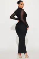 Elegant Black Mesh Maxi Dress with Rhinestone Embellishments & Sheer Long Sleeves(Black,XS)