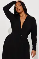 Elegant Maxi Dress with Belted Waist - Button Front, Long Sleeves & Collar Neckline (Eggplant/Black, Stretch Polyester-Spandex Blend)(Black,XS)