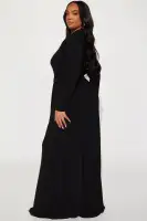 Elegant Maxi Dress with Belted Waist - Button Front, Long Sleeves & Collar Neckline (Eggplant/Black, Stretch Polyester-Spandex Blend)(Black,XS)
