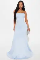 Elegant Light Blue Mermaid Gown with Train & Back Zipper – Stretchy Polyester-Rayon Blend