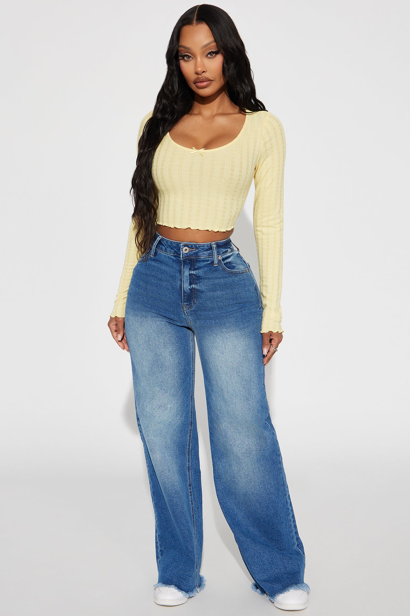 High Rise Wide Leg Fray Hem Cotton Blend Jean
